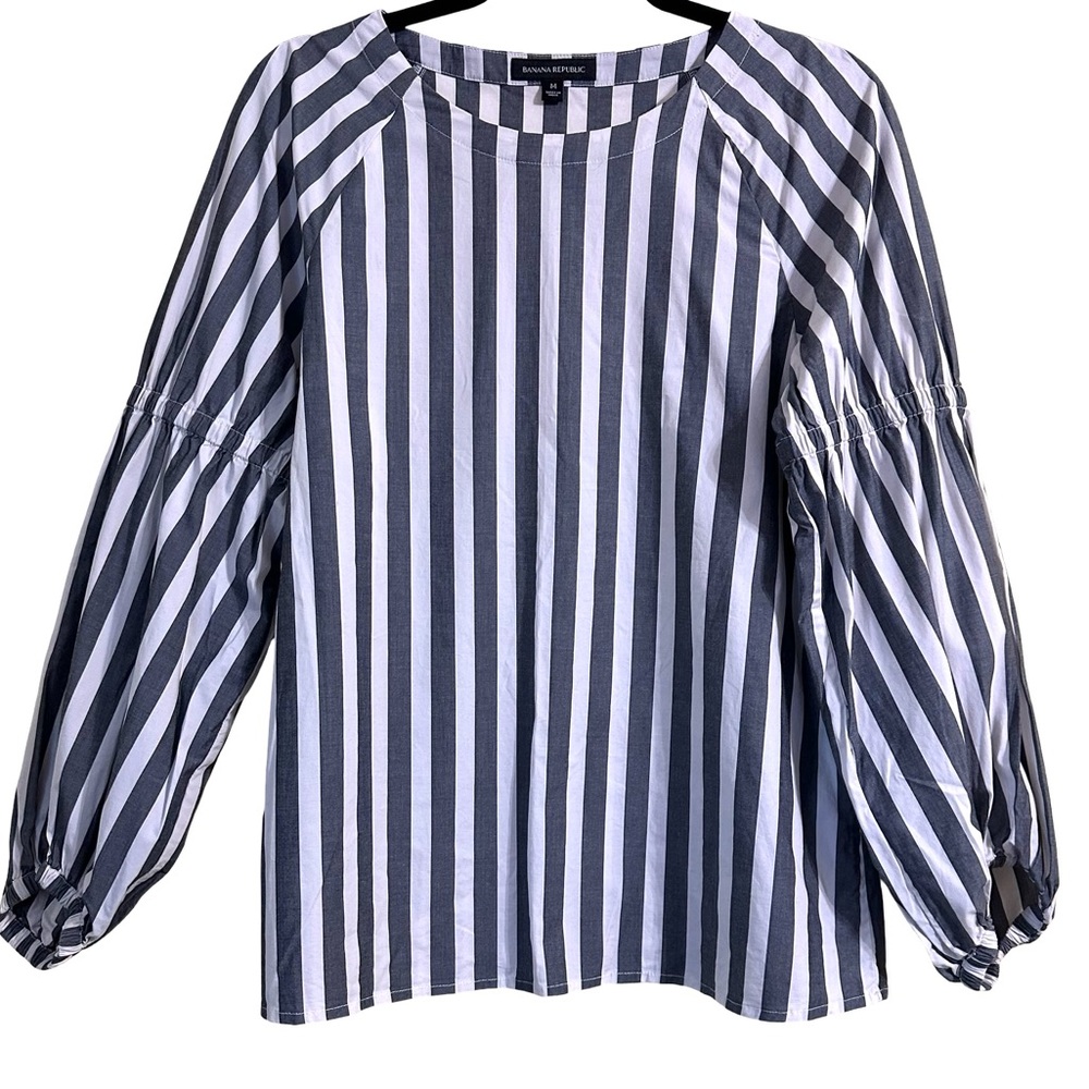 Banana Republic Gray & White Blouson Banker Sleeve Career Blouse Size Medium